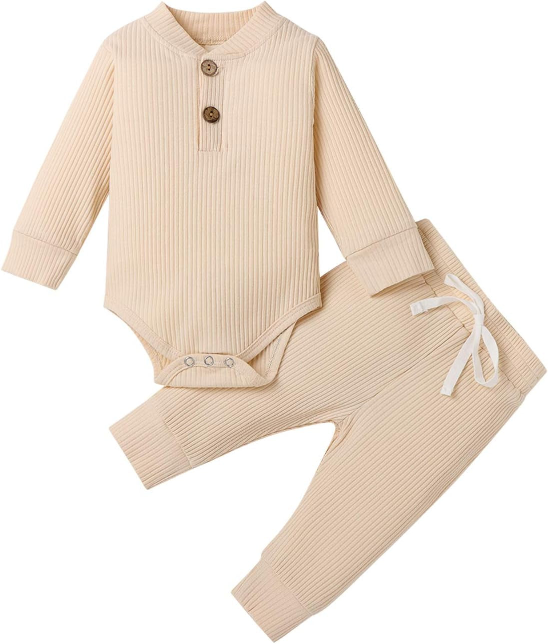 Cozy Ribbed Cotton Long Sleeve Romper & Pants Set for Newborns - Perfect Fall/Winter Outfit