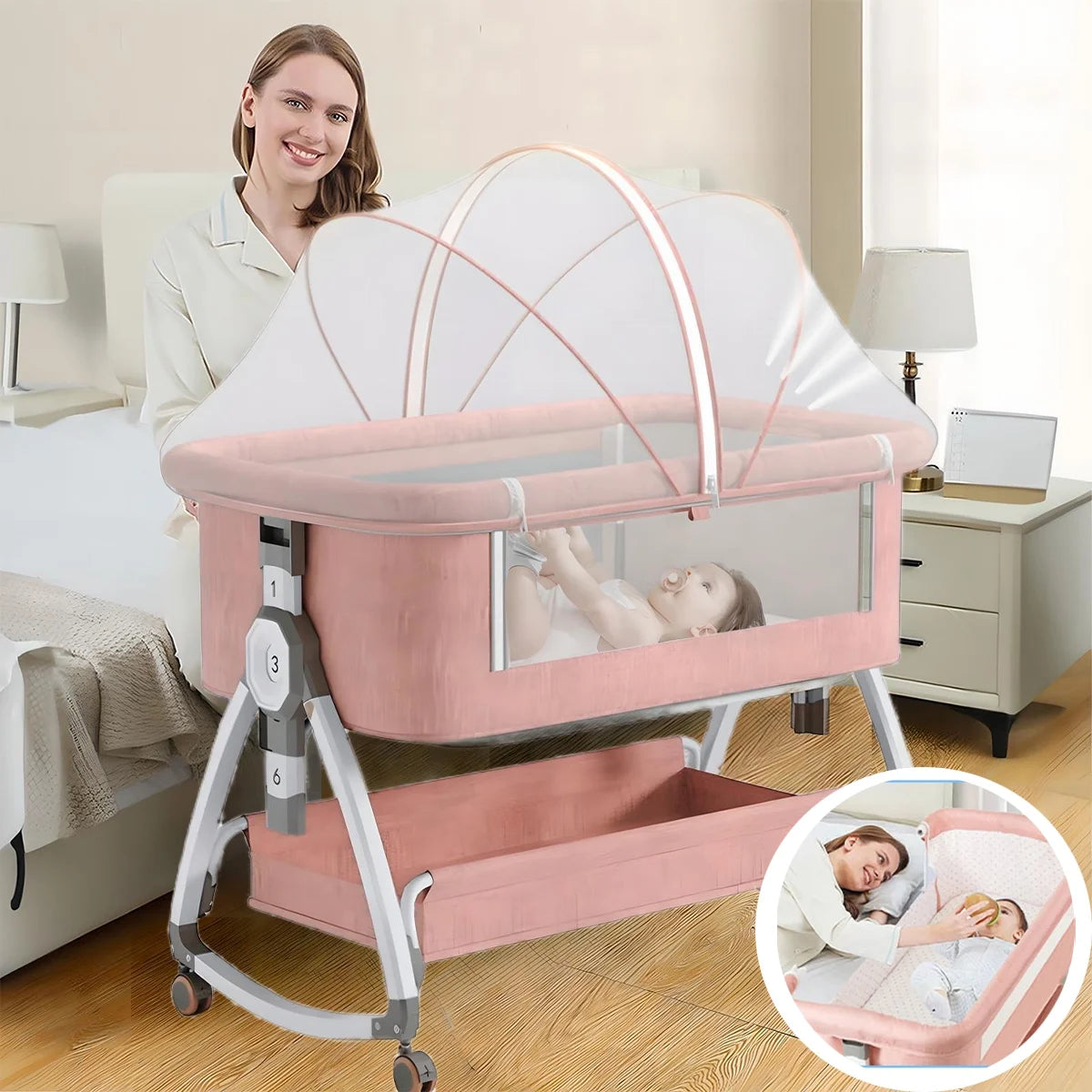 Portable Pink Folding Baby Bassinet with Wheels - Ideal Travel Crib for Comfort and Convenience