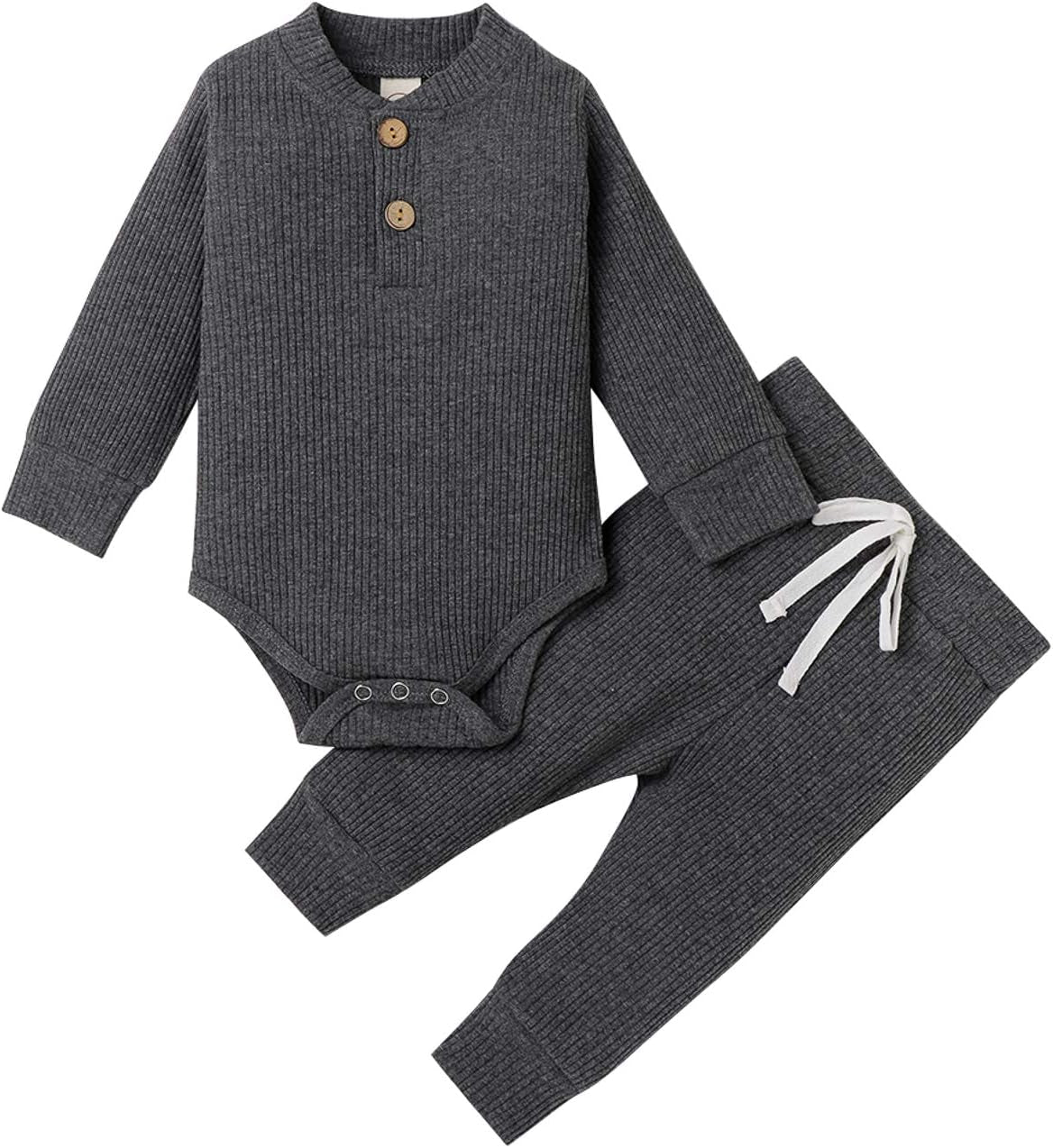 Cozy Ribbed Cotton Long Sleeve Romper & Pants Set for Newborns - Perfect Fall/Winter Outfit