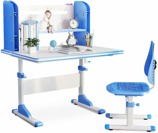 Ergonomic Adjustable Children's Desk and Chair Set with Steel Frame and Multifunctional Bookshelf