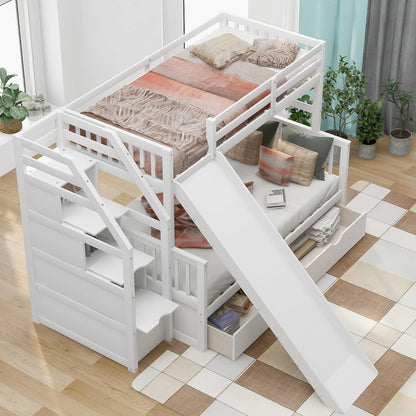 Twin over Full Convertible Bunk Bed with Slide, Solid Wood Frame, Storage Staircase, and Drawers in White