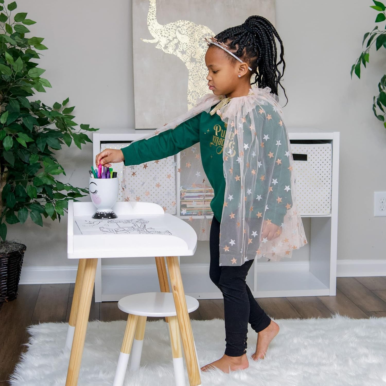 Chic Kids Study Desk and Stool Set - Elegant White with Natural Wood Accents