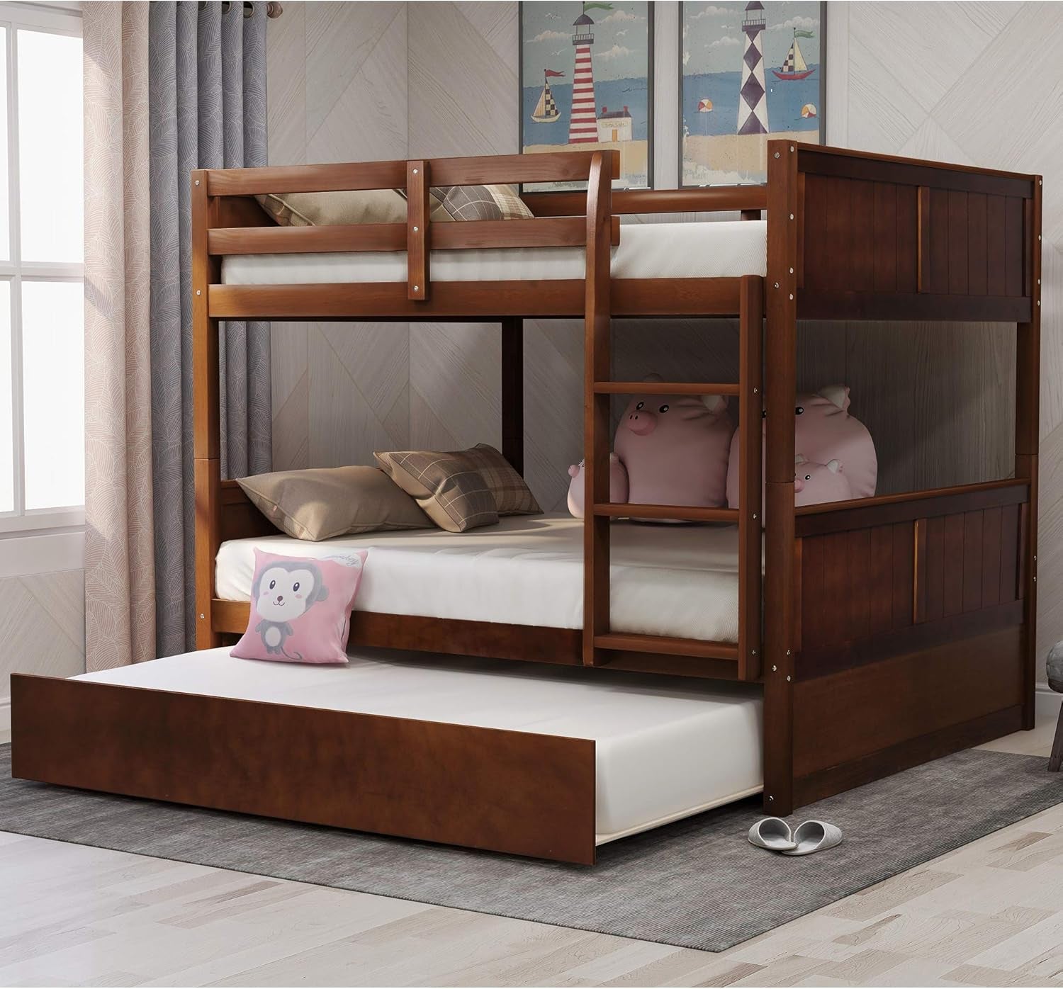 Chic Twin Over Twin Wooden Bunk Bed with Trundle & Storage - Ideal for Kids' Rooms & Guest Areas!