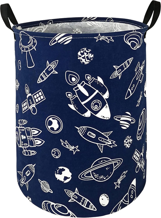 Stylish Round Spacecraft Pattern Laundry Hamper - Perfect Storage Basket for Clothes, Toys & Nursery with Convenient Handles