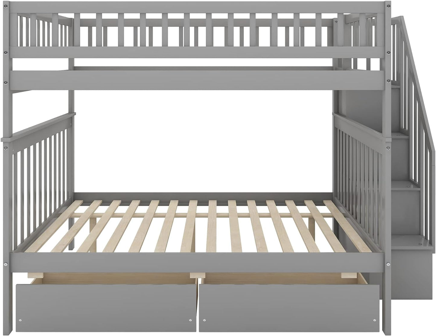 Stylish Grey Full Over Full Wooden Bunk Bed with Stairway Steps and Dual Drawers - Perfect for Kids!