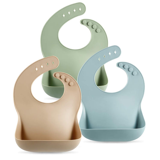 Waterproof Silicone Baby Bib Set of 3 - Soft, Unisex Design for Ages 10-72 Months (Brown/Blue/Green)