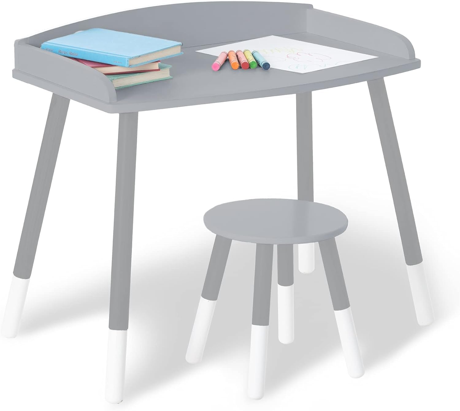 Chic Kids Study Desk and Stool Set - Elegant White with Natural Wood Accents