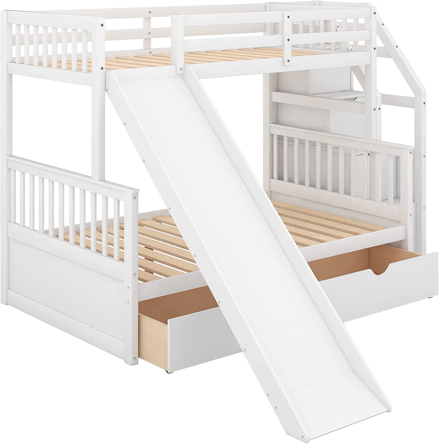 Twin over Full Convertible Bunk Bed with Slide, Solid Wood Frame, Storage Staircase, and Drawers in White