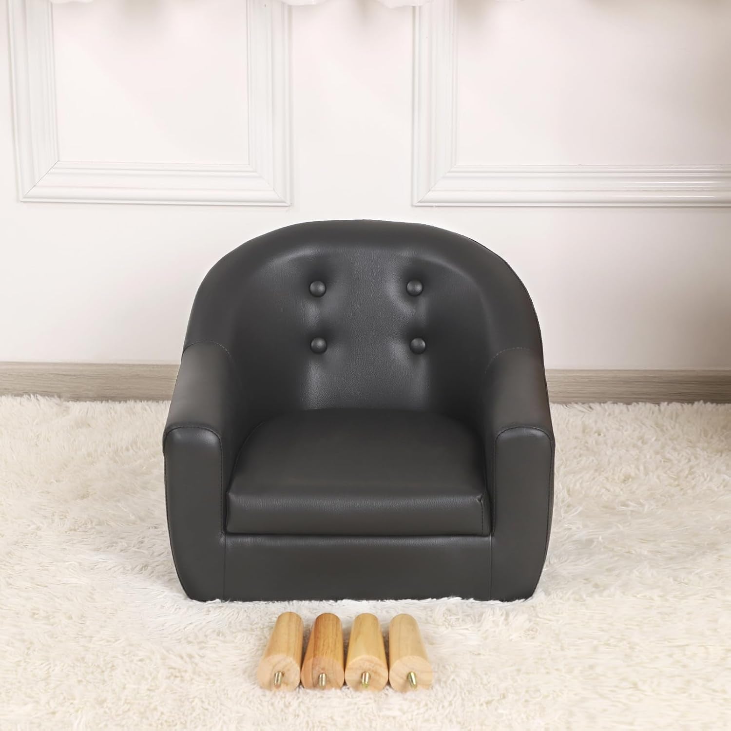 Chic Black PVC Toddler Armchair with Durable Wooden Legs - Ideal Kids' Sofa Chair