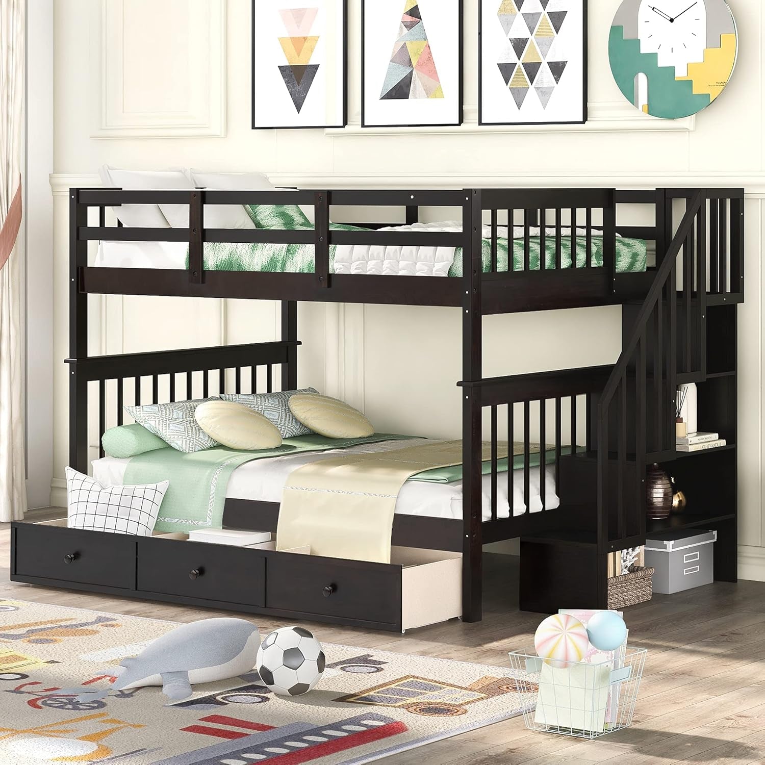 Stylish Twin Over Full Bunk Bed with Convenient Stairway and Smart Storage Solutions