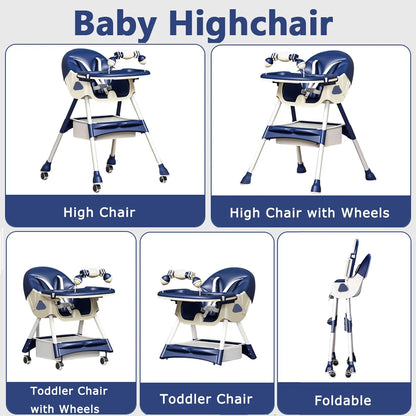 Travel-Friendly Portable High Chair with Wheels - Foldable Design for Babies & Toddlers in Blue