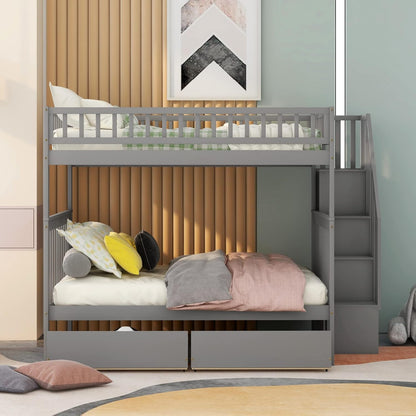 Stylish Grey Full Over Full Wooden Bunk Bed with Stairway Steps and Dual Drawers - Perfect for Kids!