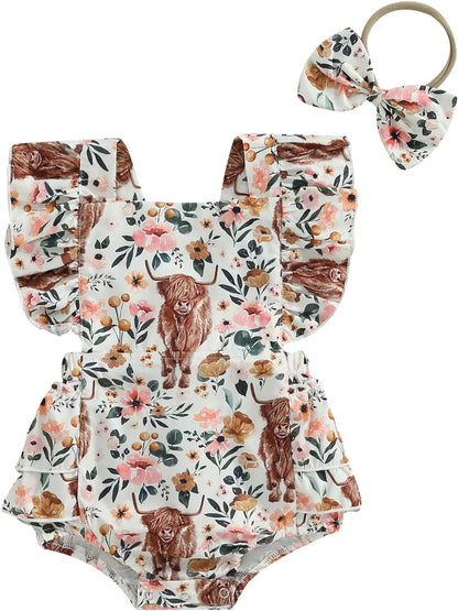 Adorable Western Baby Girl Cow Print Ruffle Romper Jumpsuit with Matching Headband - Perfect Cowgirl Outfit for Infants