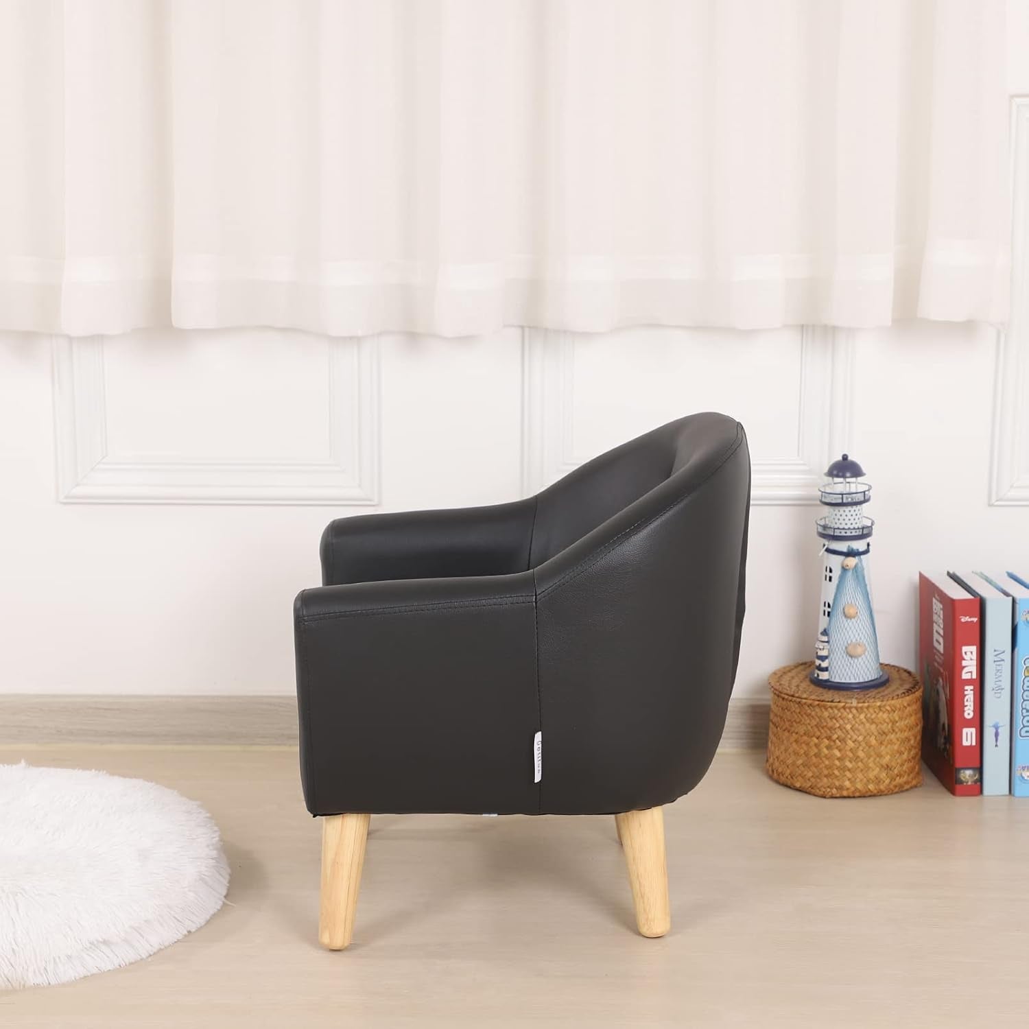 Chic Black PVC Toddler Armchair with Durable Wooden Legs - Ideal Kids' Sofa Chair