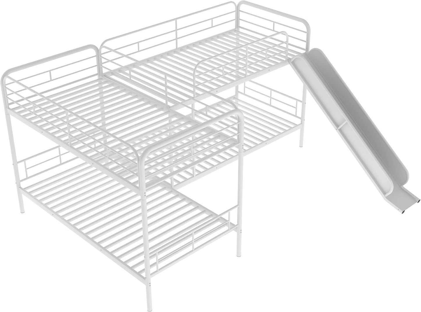 L-Shaped Twin Metal Bunk Bed with Slide - Fun & Space-Saving Design for Kids, Accommodates Up to 4, No Box Spring Needed!