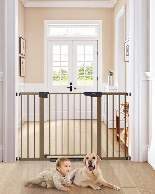 Extra Wide Baby Gate 29.7-51.5" - Award-Winning Safety Dog Gate for Stairs, Easy Walk-Thru Auto Close Design, Includes 4 Wall Cups, Stylish Brown Finish