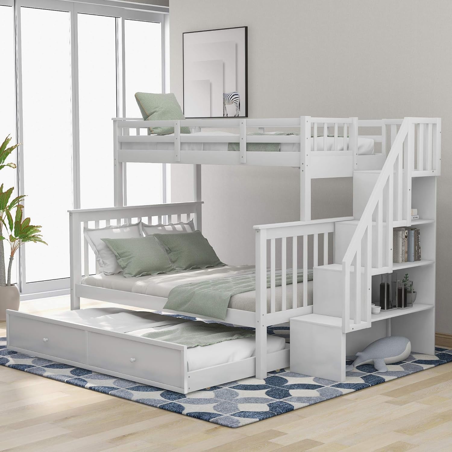 Stylish Twin Over Full Bunk Bed with Convenient Stairway and Smart Storage Solutions