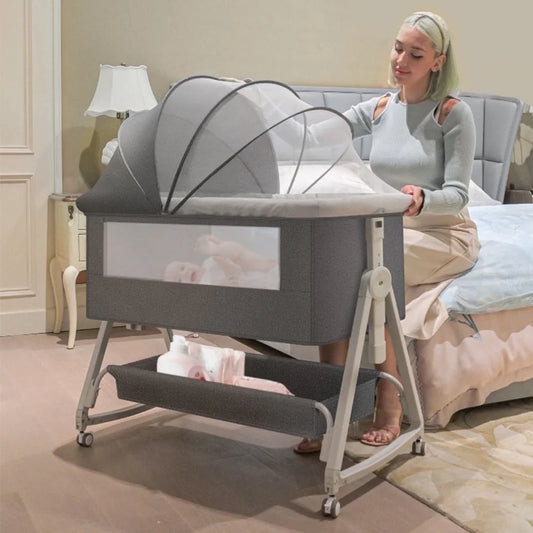 3-in-1 Baby Bassinet Bedside Sleeper with Storage Basket - Easy Fold Crib for Infants 0-24 Months, Gray