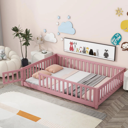 Stylish Twin Size Wooden Floor Bed for Kids - Montessori-Inspired Gray Design with Safety Railings and Support Slats