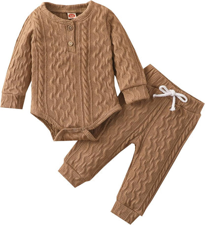 Cozy Ribbed Cotton Long Sleeve Romper & Pants Set for Newborns - Perfect Fall/Winter Outfit