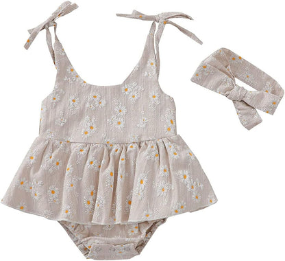 Baby Girls Floral Daisy Playsuit with Headband - Summer Halter Romper and Bodysuit