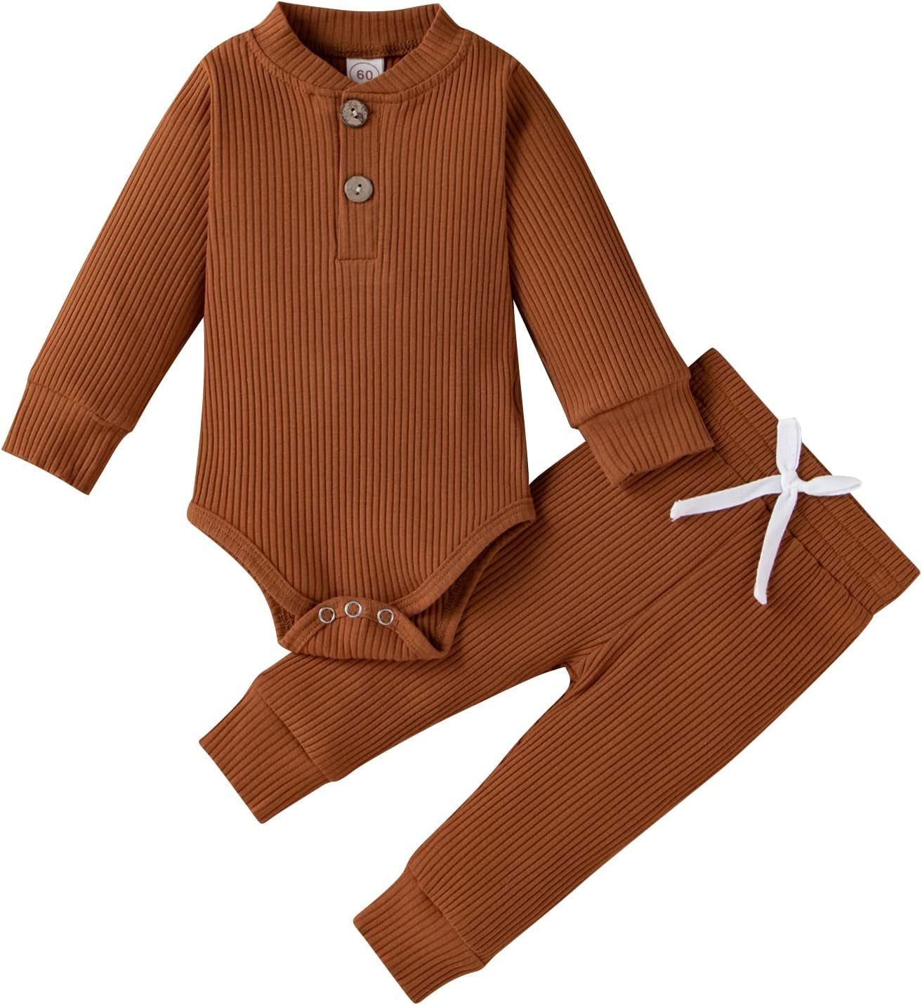 Cozy Ribbed Cotton Long Sleeve Romper & Pants Set for Newborns - Perfect Fall/Winter Outfit