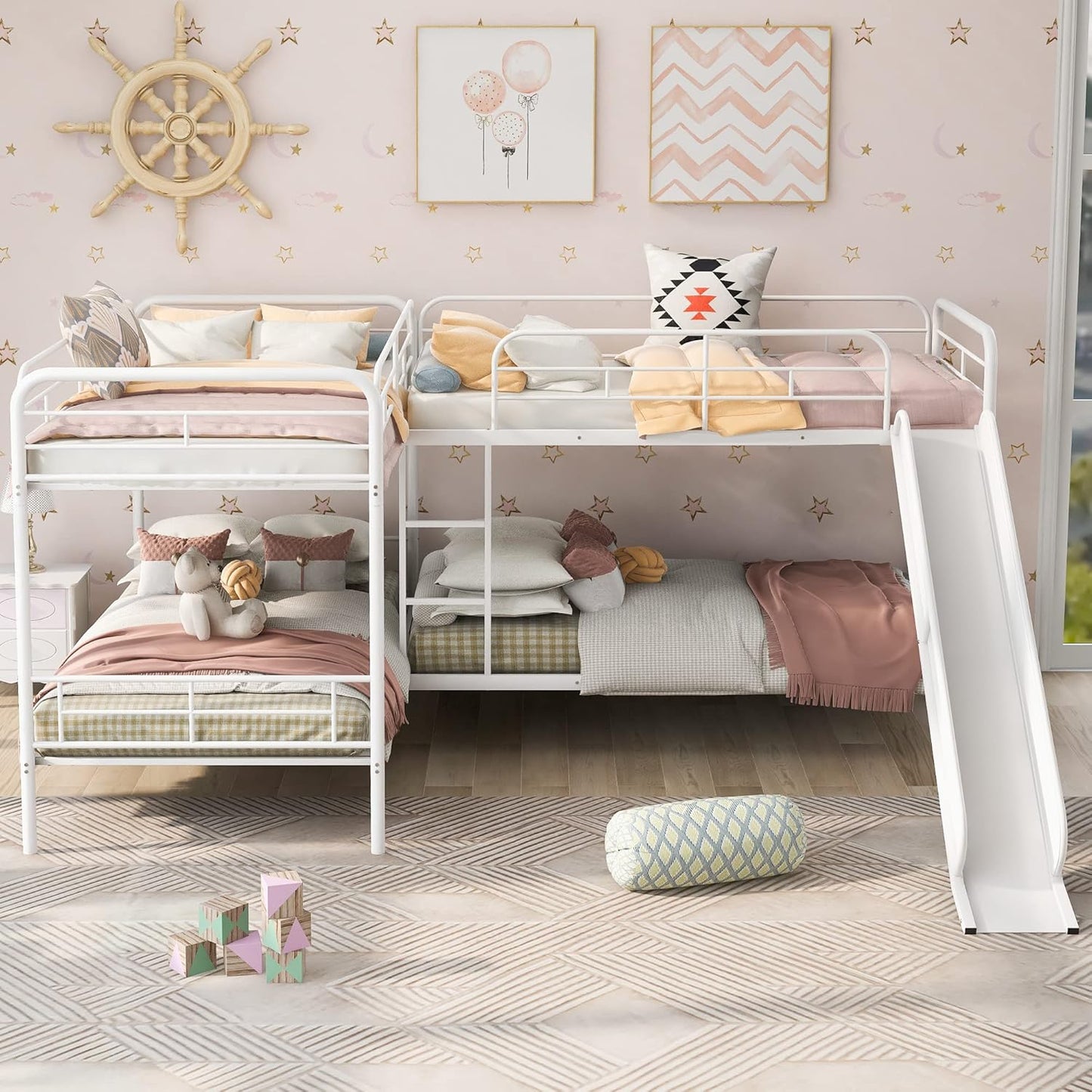 L-Shaped Twin Metal Bunk Bed with Slide - Fun & Space-Saving Design for Kids, Accommodates Up to 4, No Box Spring Needed!