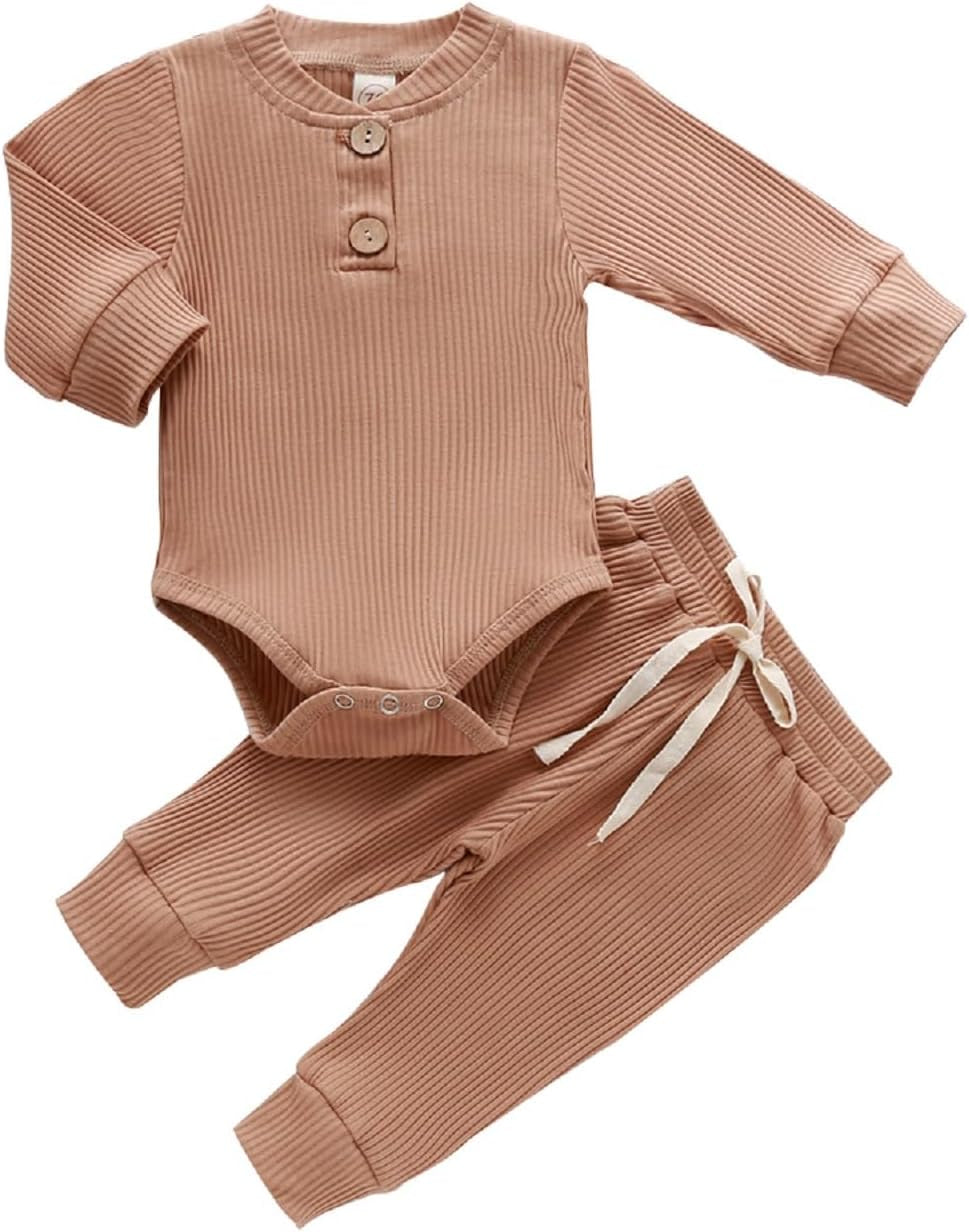 Cozy Ribbed Cotton Long Sleeve Romper & Pants Set for Newborns - Perfect Fall/Winter Outfit