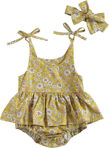 Baby Girls Floral Daisy Playsuit with Headband - Summer Halter Romper and Bodysuit