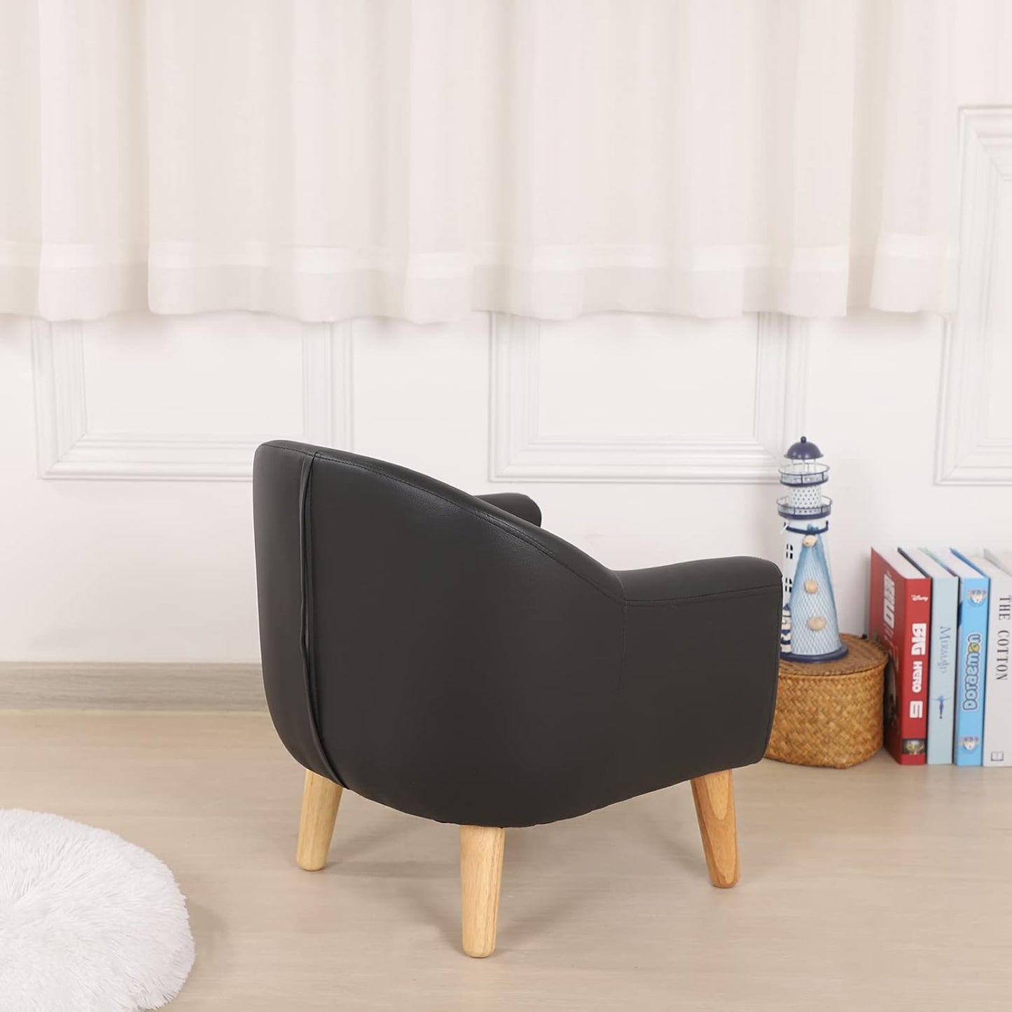 Chic Black PVC Toddler Armchair with Durable Wooden Legs - Ideal Kids' Sofa Chair