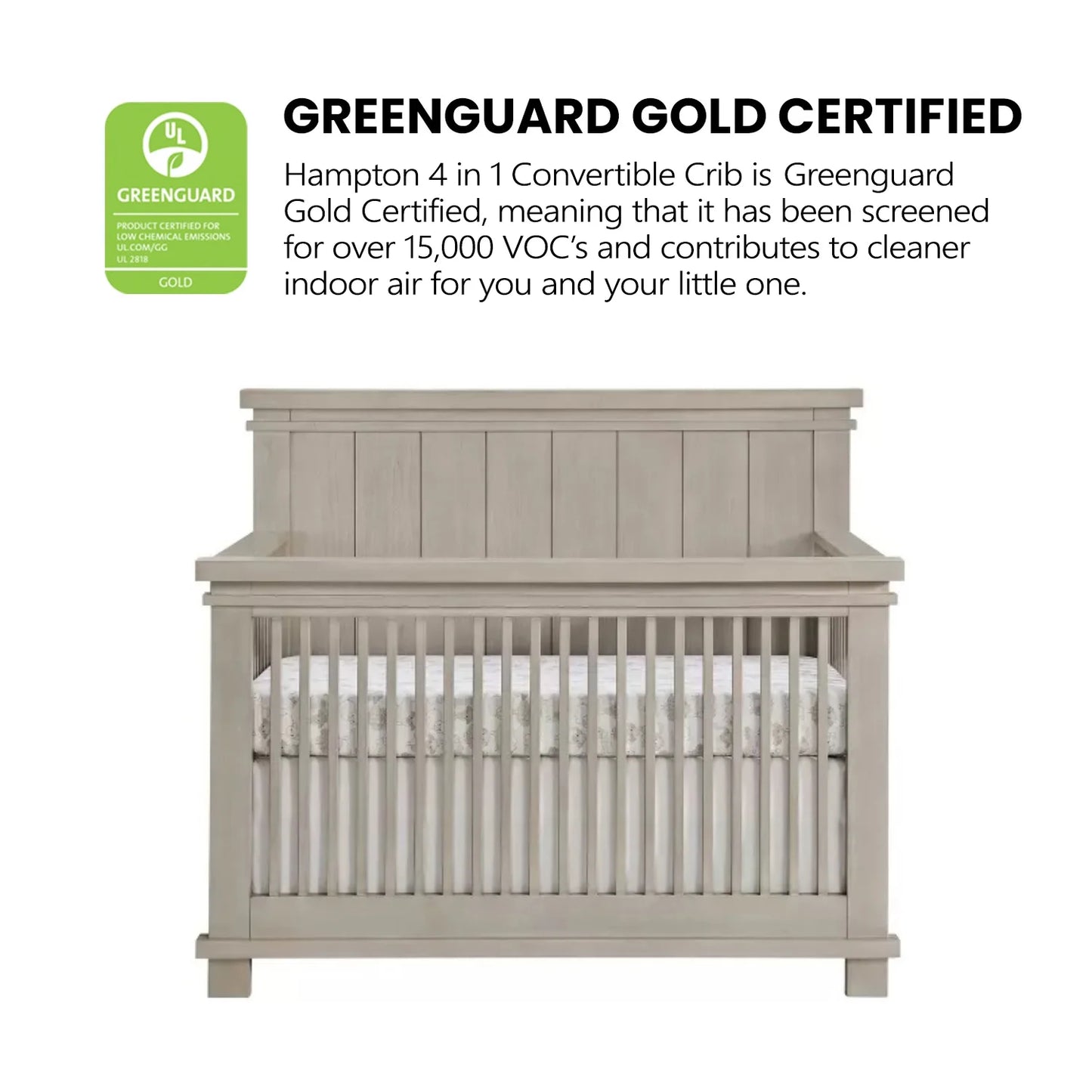 Hampton 4-in-1 Convertible Crib - Stylish Stone Wash Finish, Greenguard Gold Certified for Safe Sleep