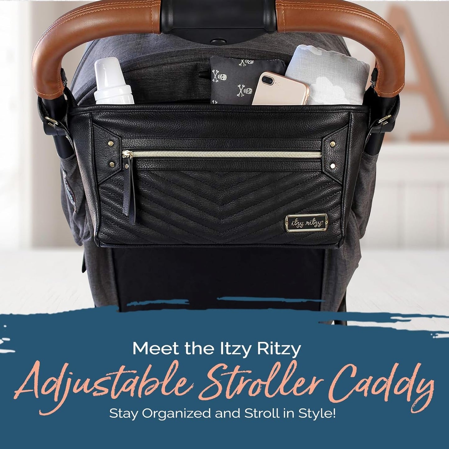 Stylish Adjustable Stroller Organizer with Zippered Pocket & Straps - Black with Gold Hardware