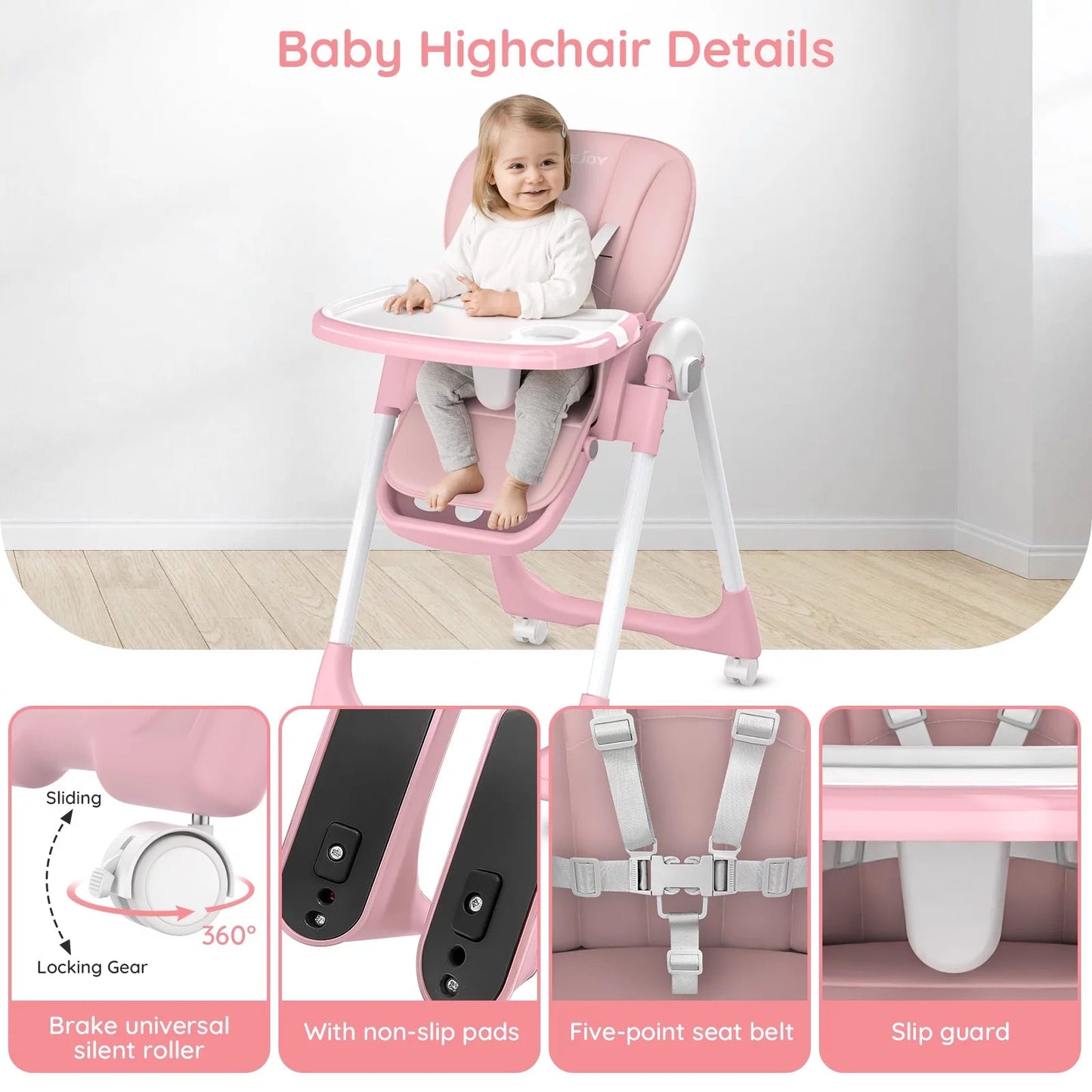 Stylish Pink Foldable High Chair for Toddlers with Adjustable Seat Height and 4 Wheels