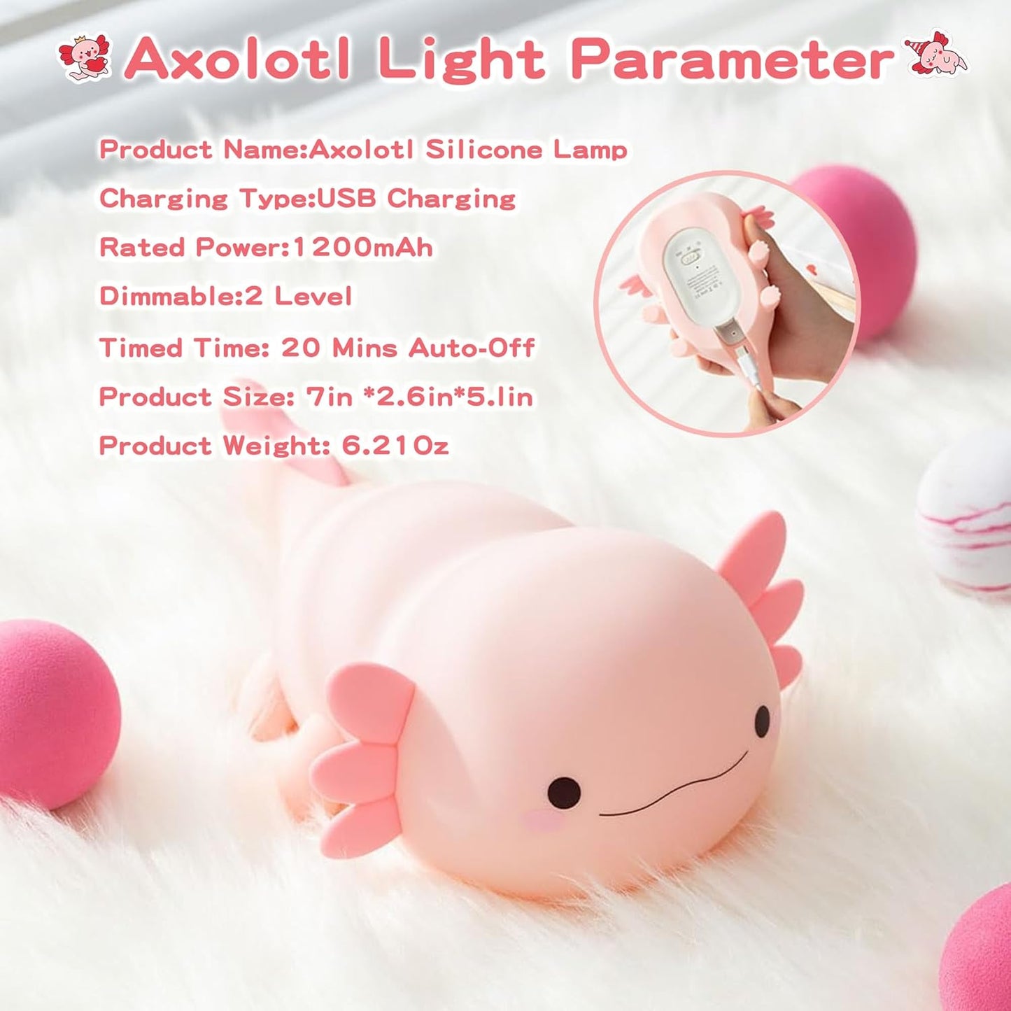 Dimmable Axolotl Night Light - Adorable Silicone Touch Lamp for Nursery, Rechargeable Kawaii Bedside Decor, Perfect Gift for Kids and Girls