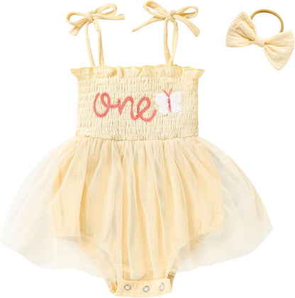 Adorable Baby Girl's 1st Birthday Tulle Romper - Sleeveless Bodysuit for Cake Smash Celebrations