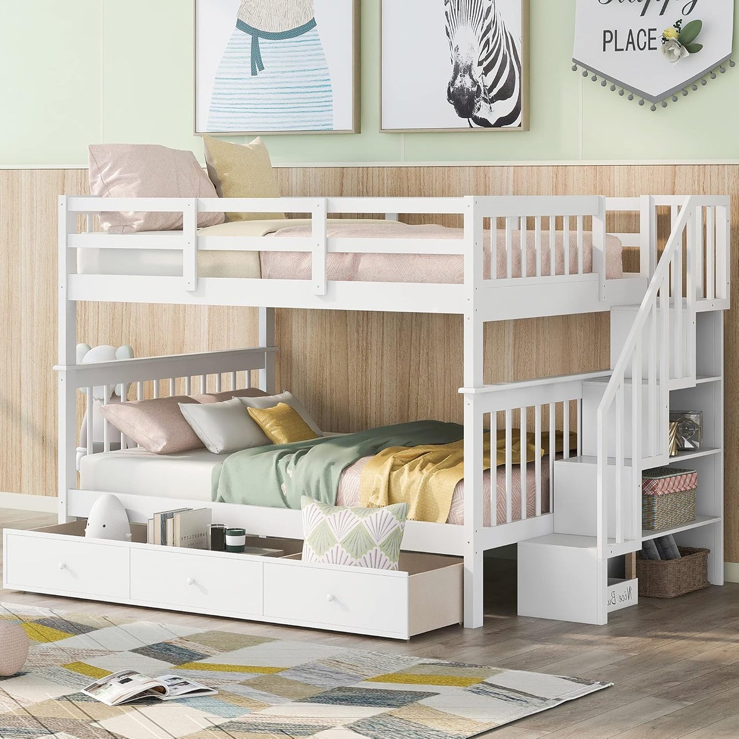 Stylish Twin Over Full Bunk Bed with Convenient Stairway and Smart Storage Solutions