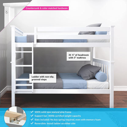 Stylish Solid Wood Twin Over Twin Bunk Bed with Ladder and Safety Guardrails - Easy Assembly, No Box Spring Required, White Finish