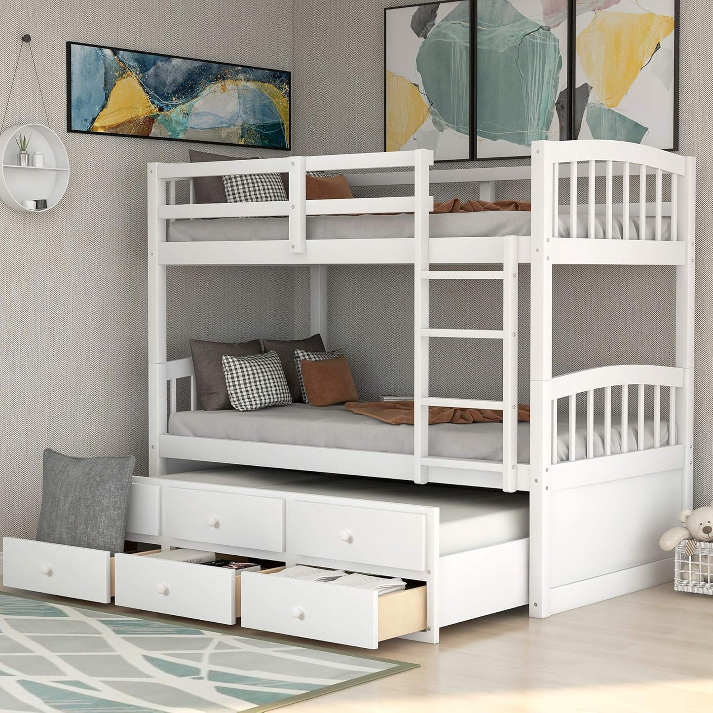 Chic Twin Over Twin Wooden Bunk Bed with Trundle & Storage - Ideal for Kids' Rooms & Guest Areas!