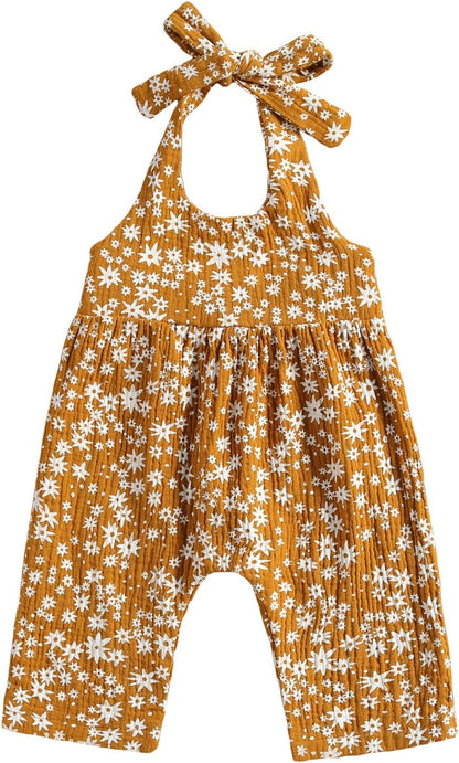 Baby Girls Floral Daisy Playsuit with Headband - Summer Halter Romper and Bodysuit