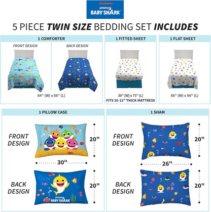 Baby Shark 5-Piece Twin Bedding Set - Super Soft Comforter, Sheets & Sham for Kids