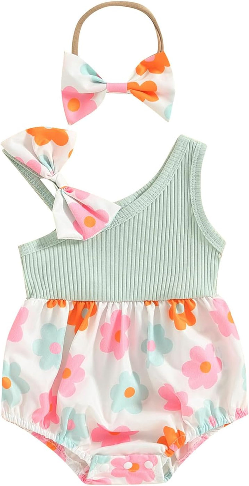 Baby Girls Floral Daisy Playsuit with Headband - Summer Halter Romper and Bodysuit