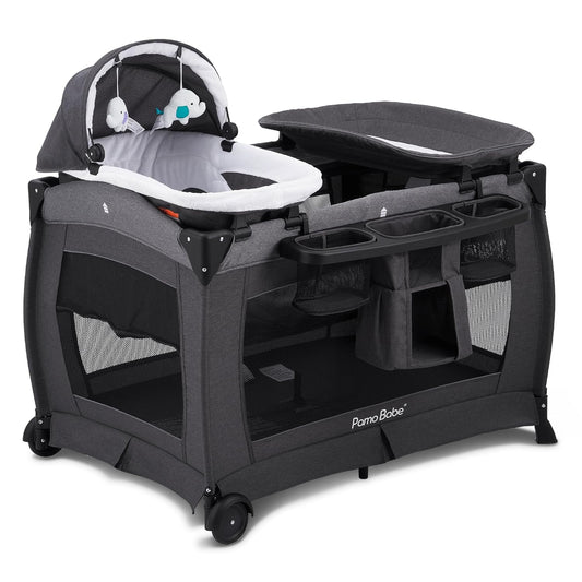 Ultimate Deluxe Nursery Center: All-in-One Foldable Playard with Bassinet, Mattress, and Changing Table for Infants and Toddlers - Stylish Black Design