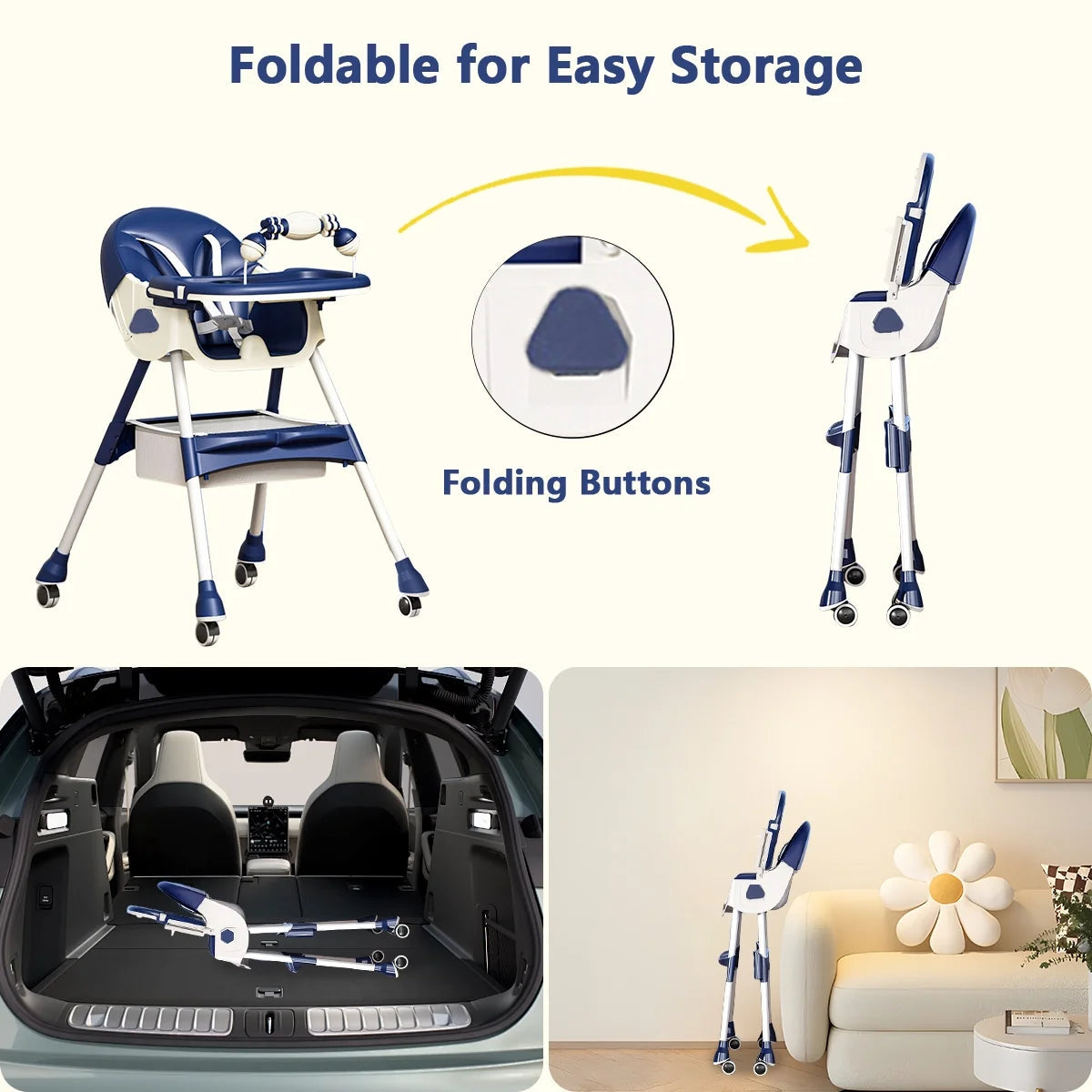 Travel-Friendly Portable High Chair with Wheels - Foldable Design for Babies & Toddlers in Blue