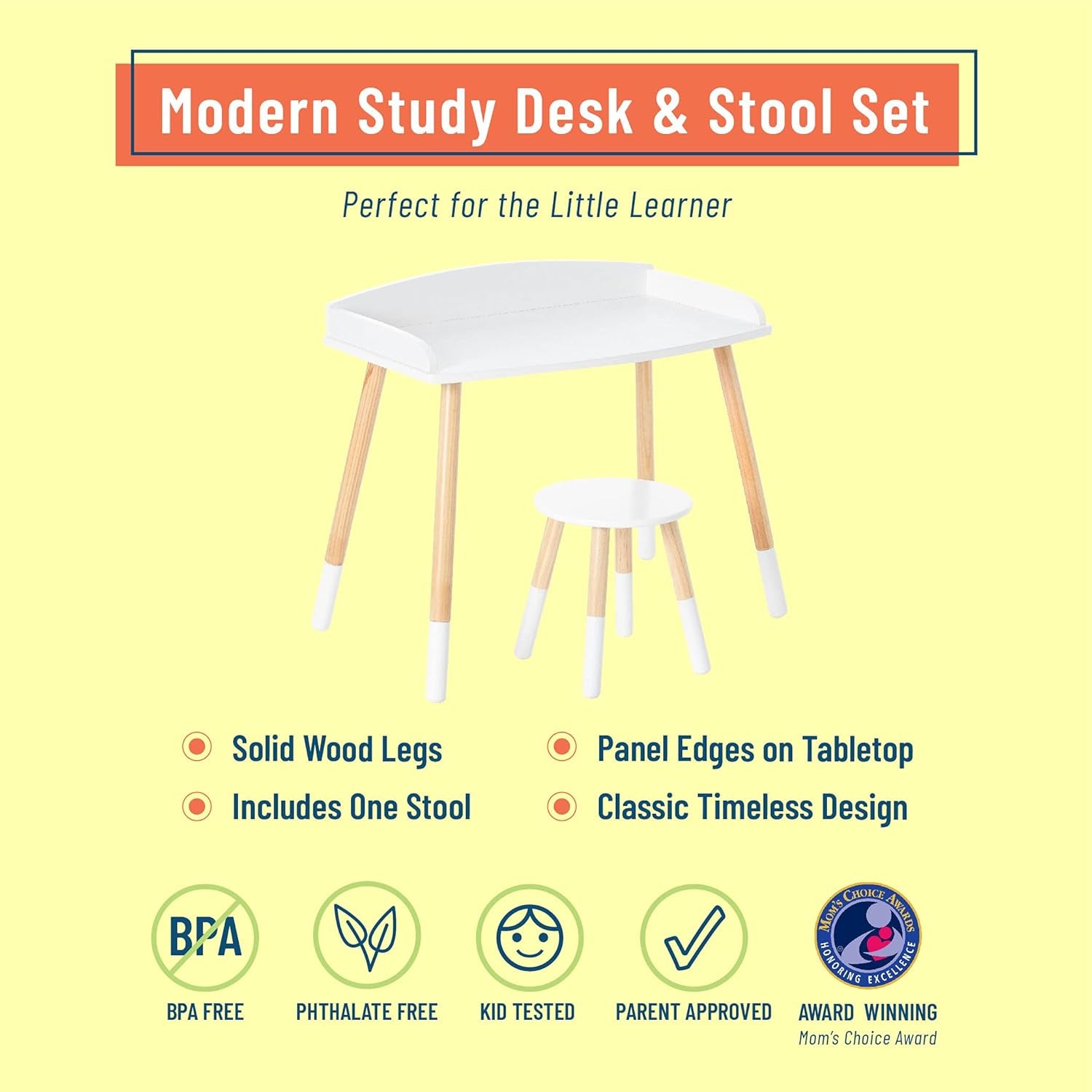 Chic Kids Study Desk and Stool Set - Elegant White with Natural Wood Accents