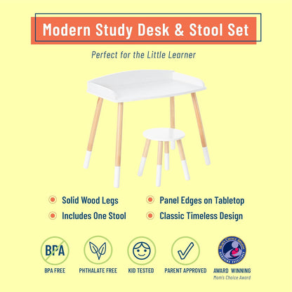 Chic Kids Study Desk and Stool Set - Elegant White with Natural Wood Accents