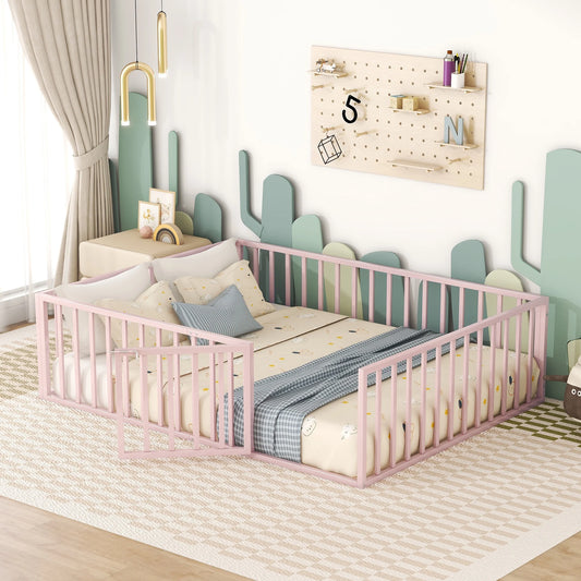 Stylish Pink Queen Metal Floor Bed with Safety Rails & Lockable Door - Perfect Montessori Play Area for Toddlers & Children