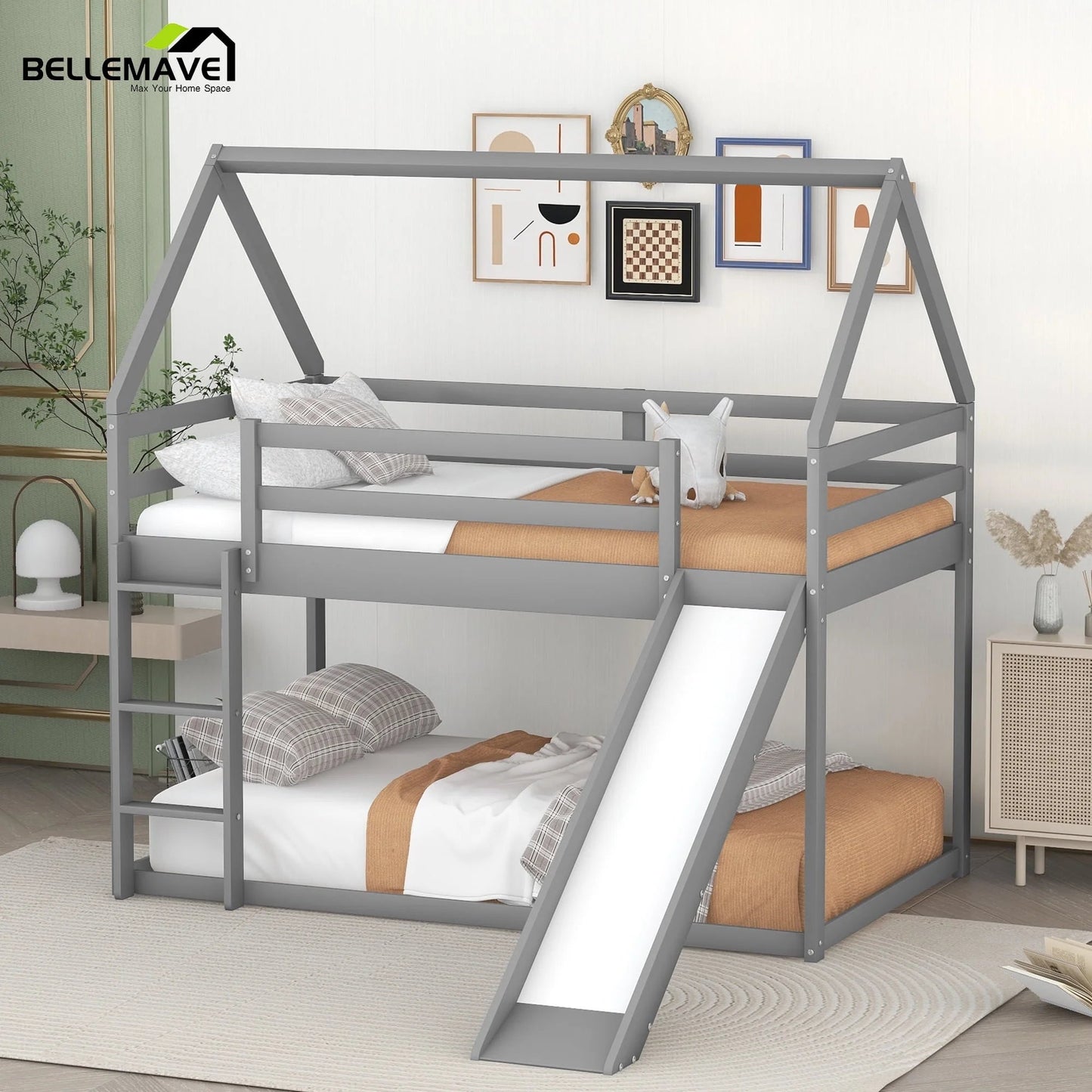 Chic Gray Wooden Bunk Bed for Kids - Safe, Fun, and Space-Saving Design with Ladder & Guardrails