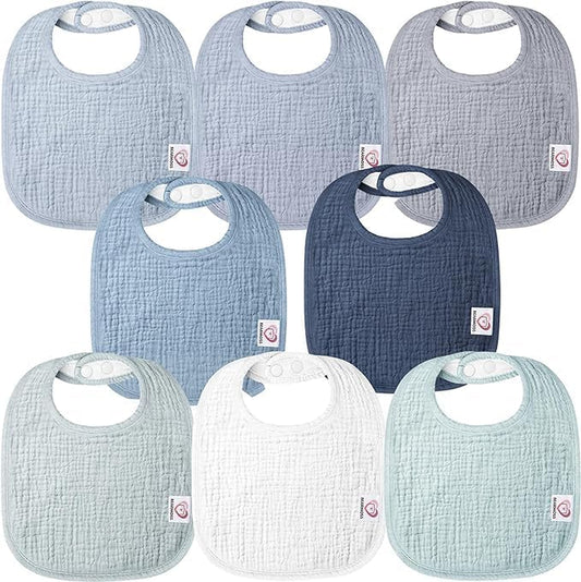 Premium 100% Cotton Muslin Baby Bibs - 8-Pack Adjustable Bandana Bibs for Teething and Drooling, Suitable for Boys and Girls