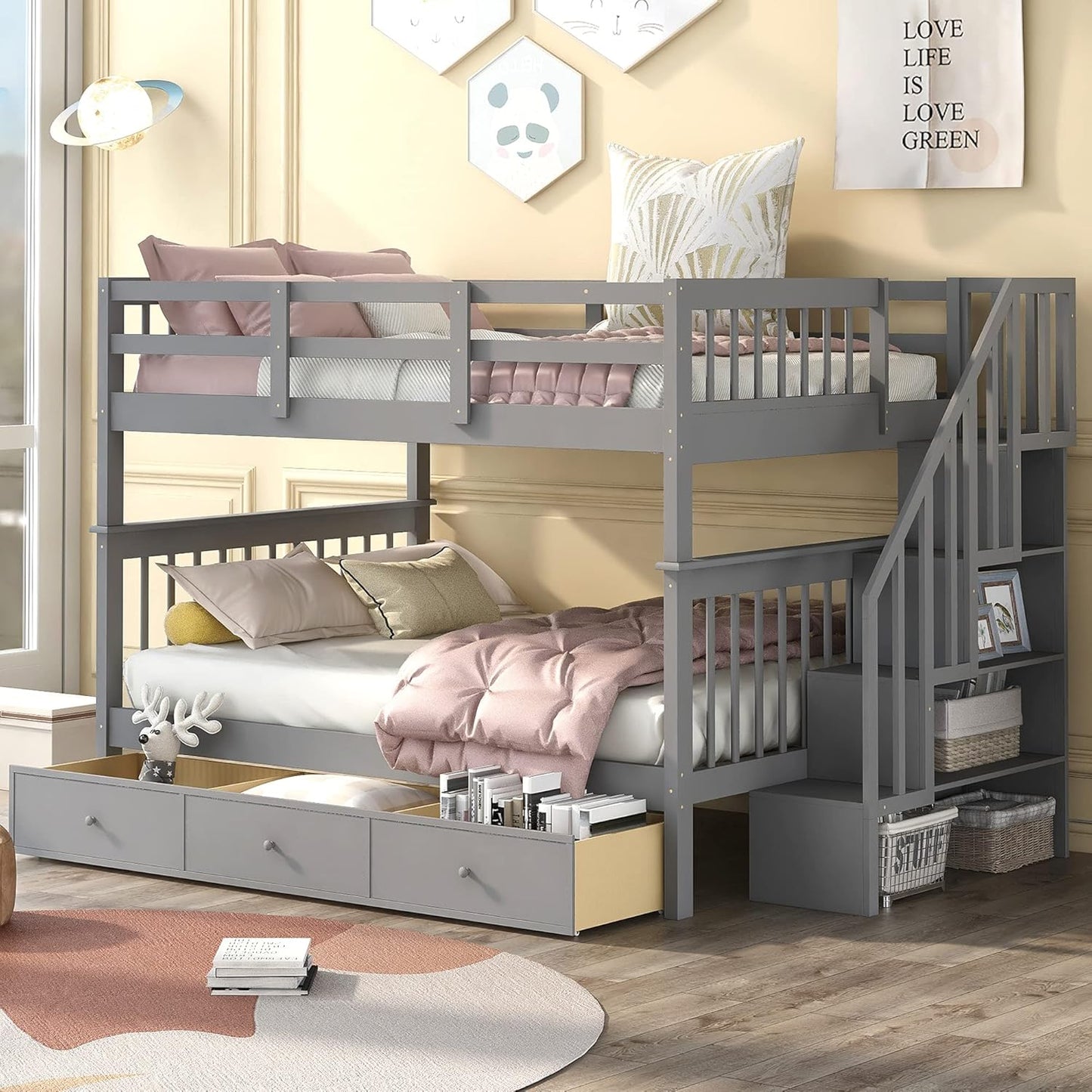 Stylish Twin Over Full Bunk Bed with Convenient Stairway and Smart Storage Solutions