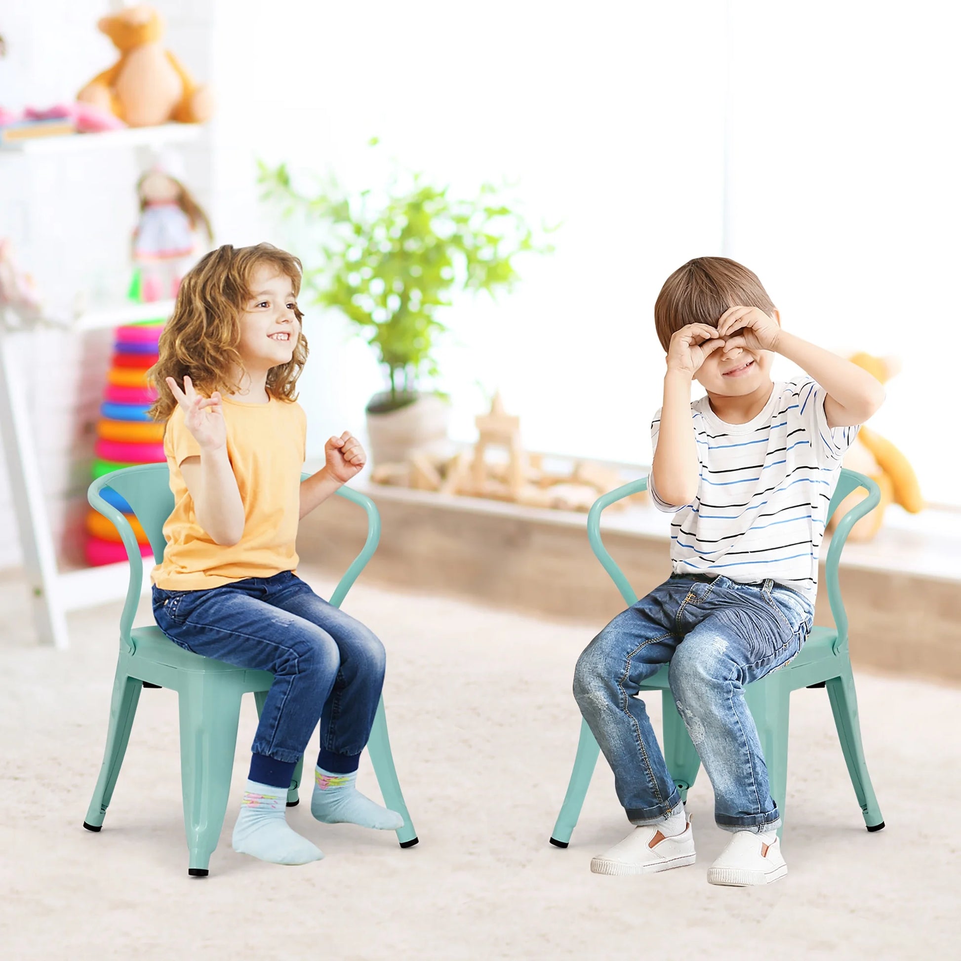 Charming Blue Steel Armchair Set for Kids - Stackable & Ideal for Indoor/Outdoor Adventures!